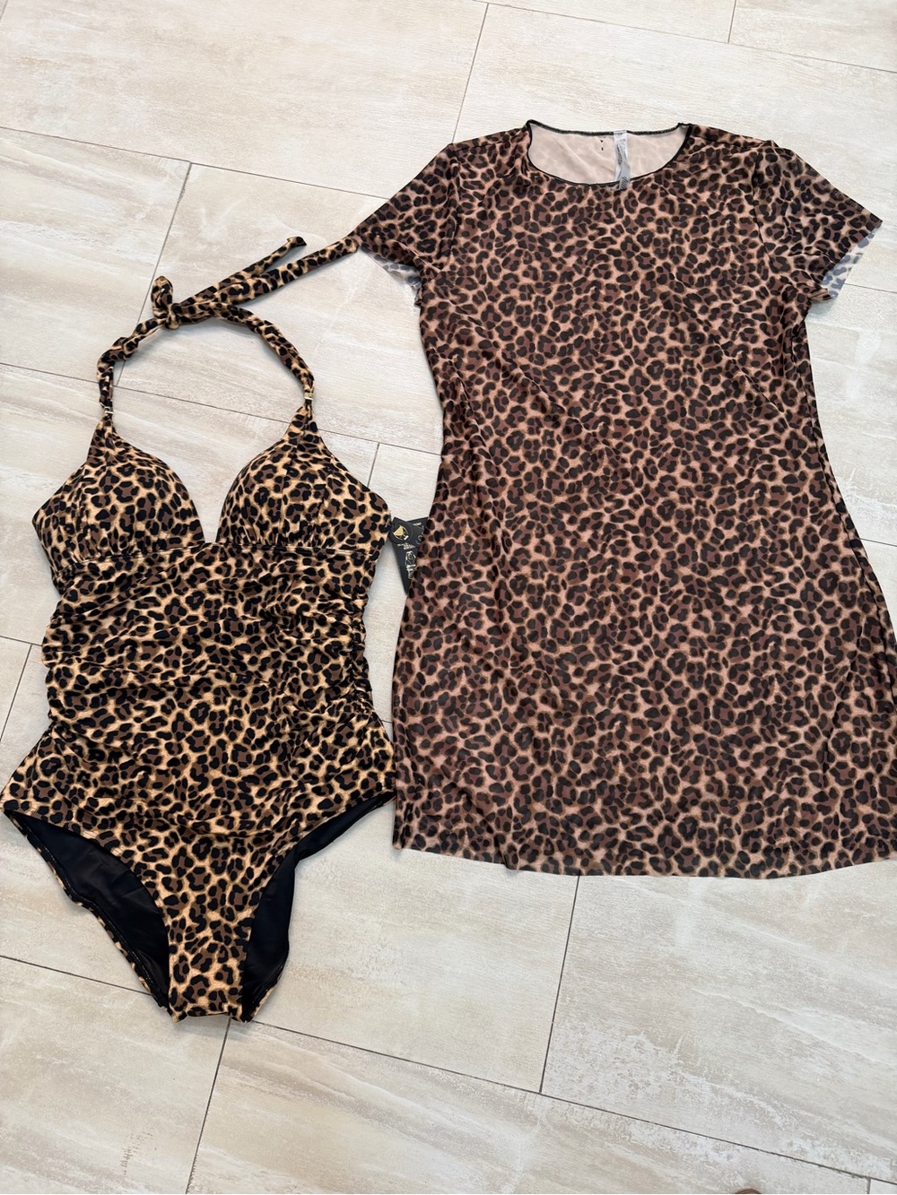 Victoria's Secret Leopard Print Swim Set in Brown and Black. Swim suit M/Cover L